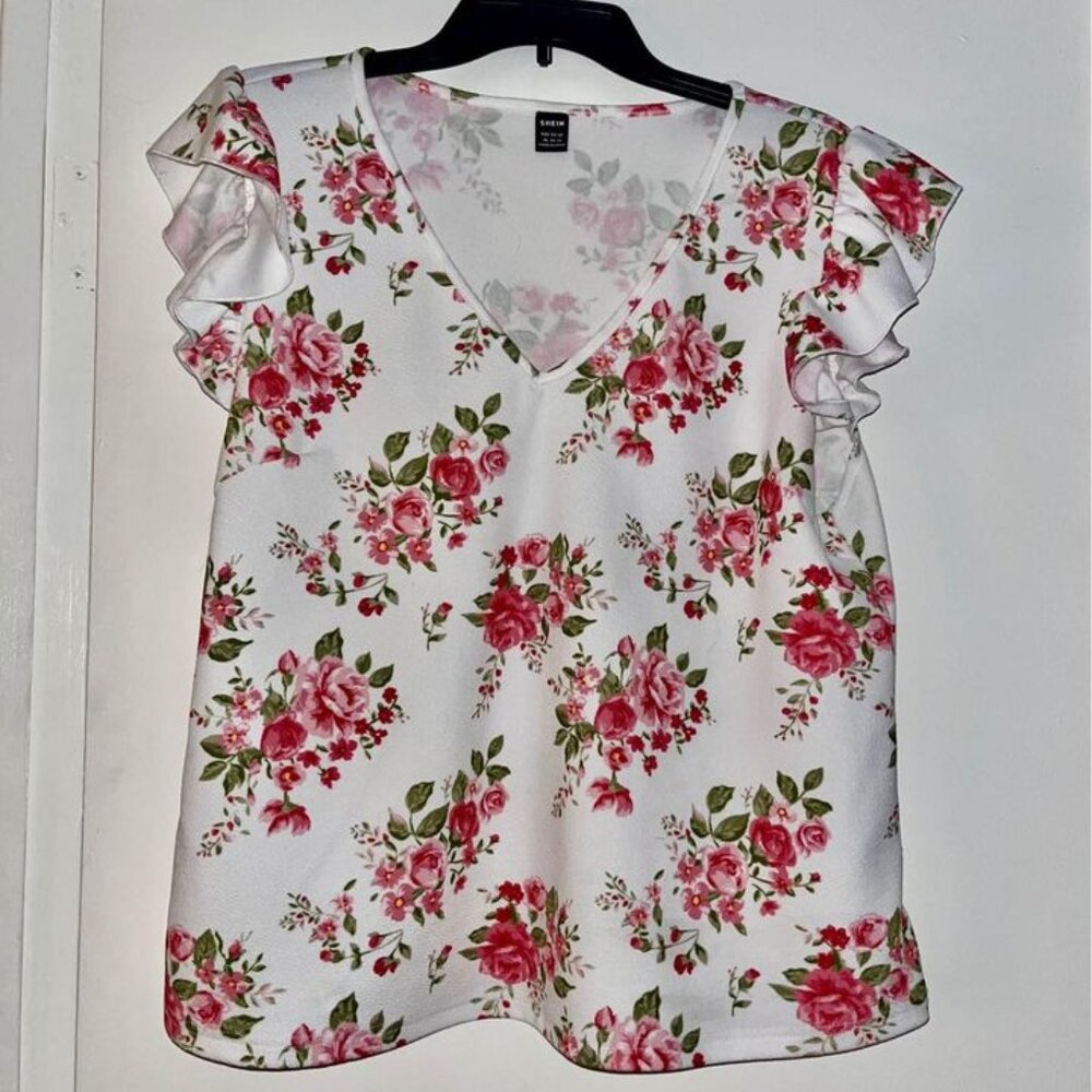 Floral Print Pink & White Top with Ruffle Sleeves, Size 12